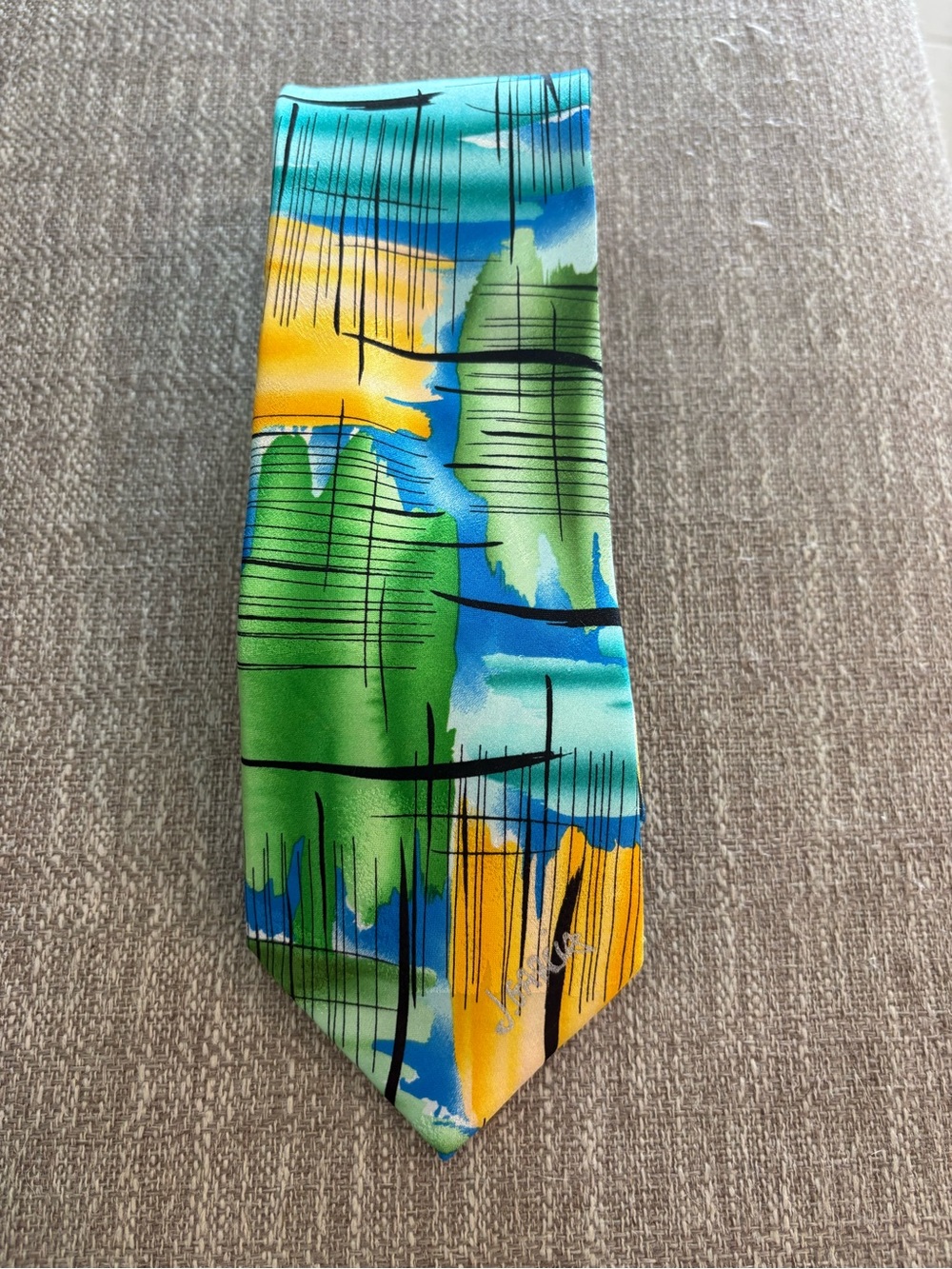 J. Garcia Vibrant Green Blue Yellow Abstract Print Tie